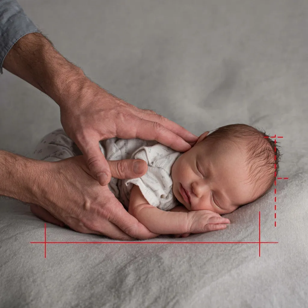 Diagram illustrating safe hand placement and spotter positions for professional newborn photography safety.