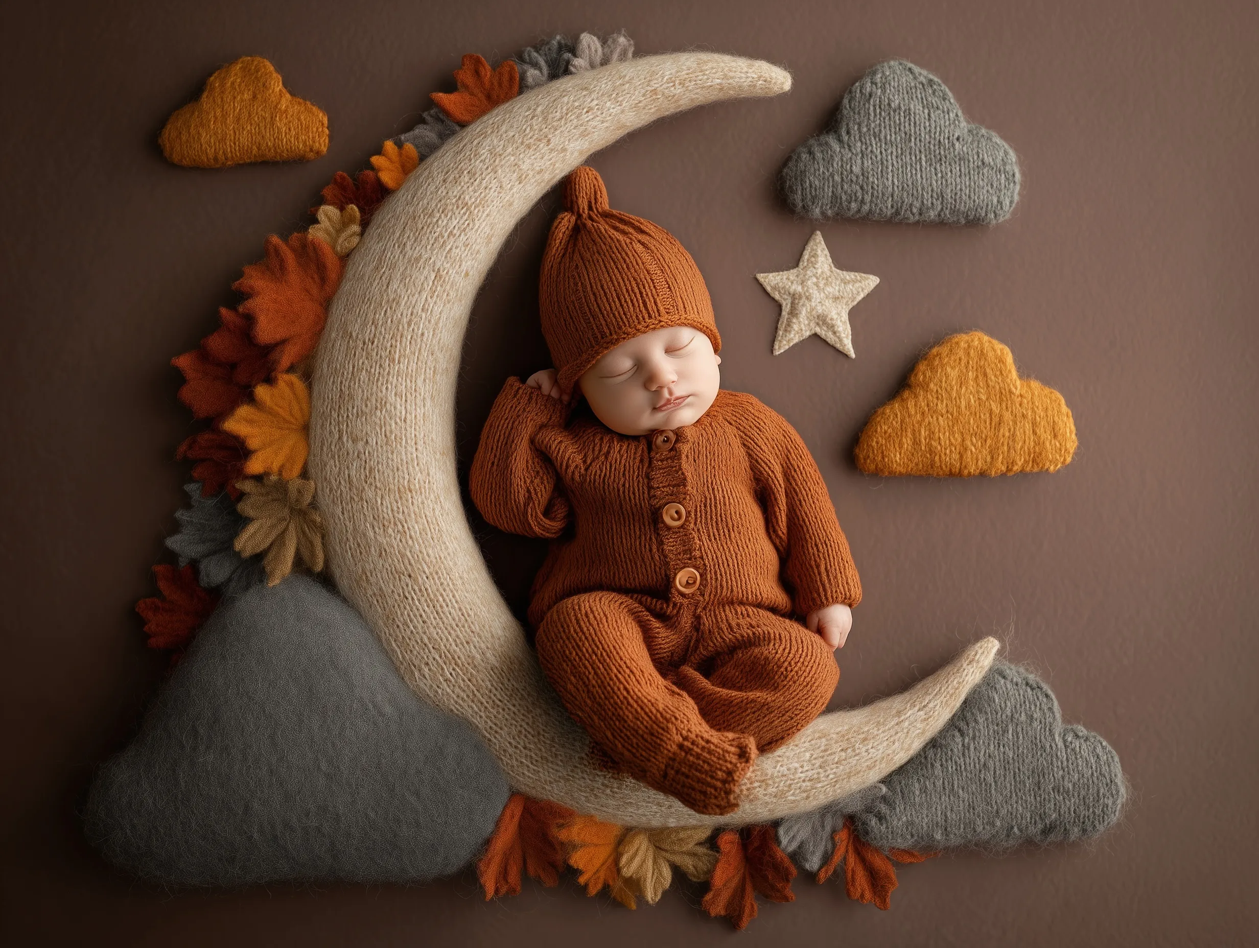 Creative newborn photography setup with professional props and soft lighting for a happy baby photo shoot.