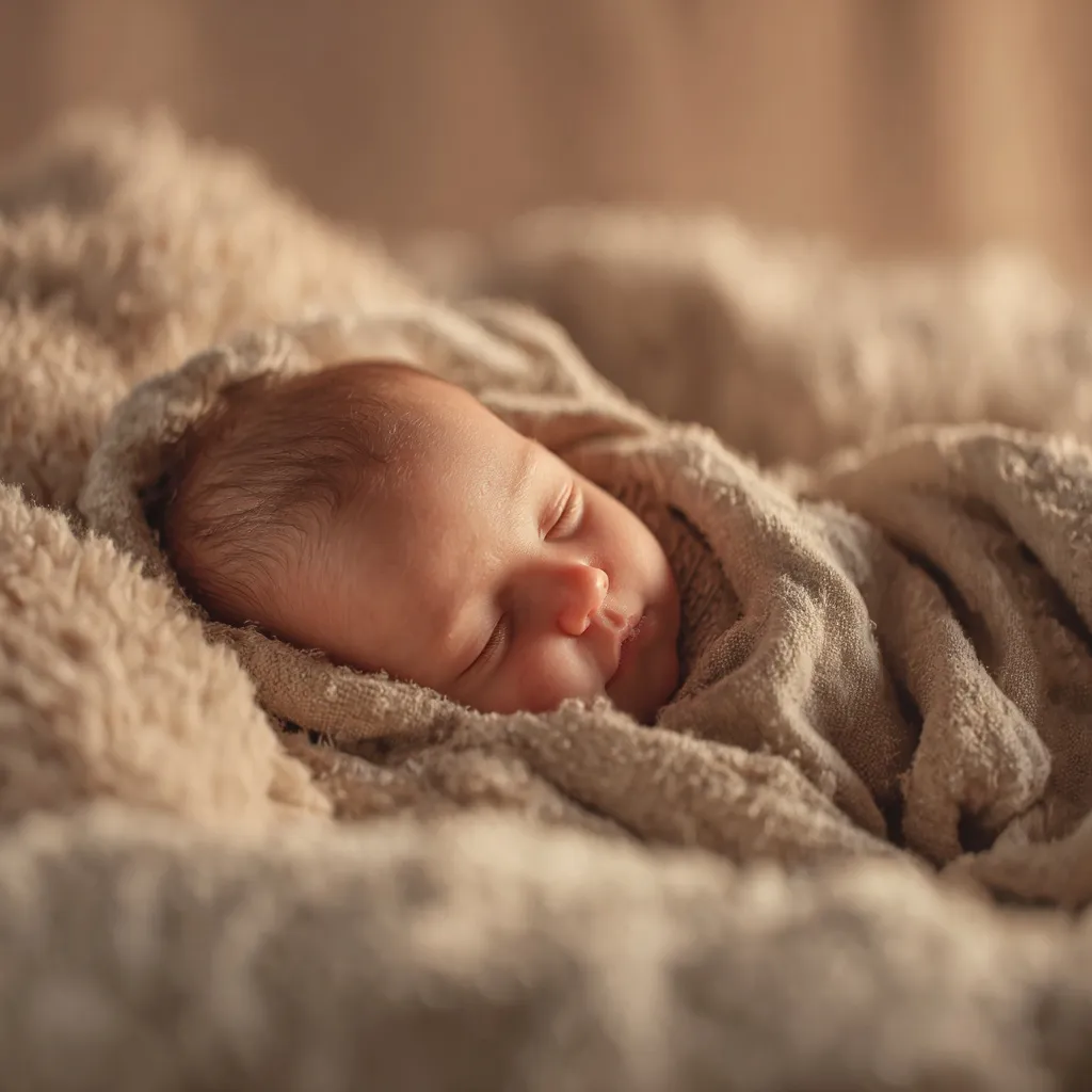 A peaceful newborn baby wrapped in a soft blanket, sleeping in a cozy crib with gentle, warm lighting.