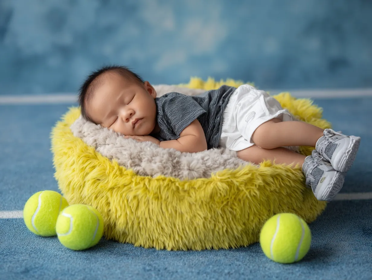 Asian newborn baby sleeping in a yellow basket with tennis balls on a blue paddle court background.