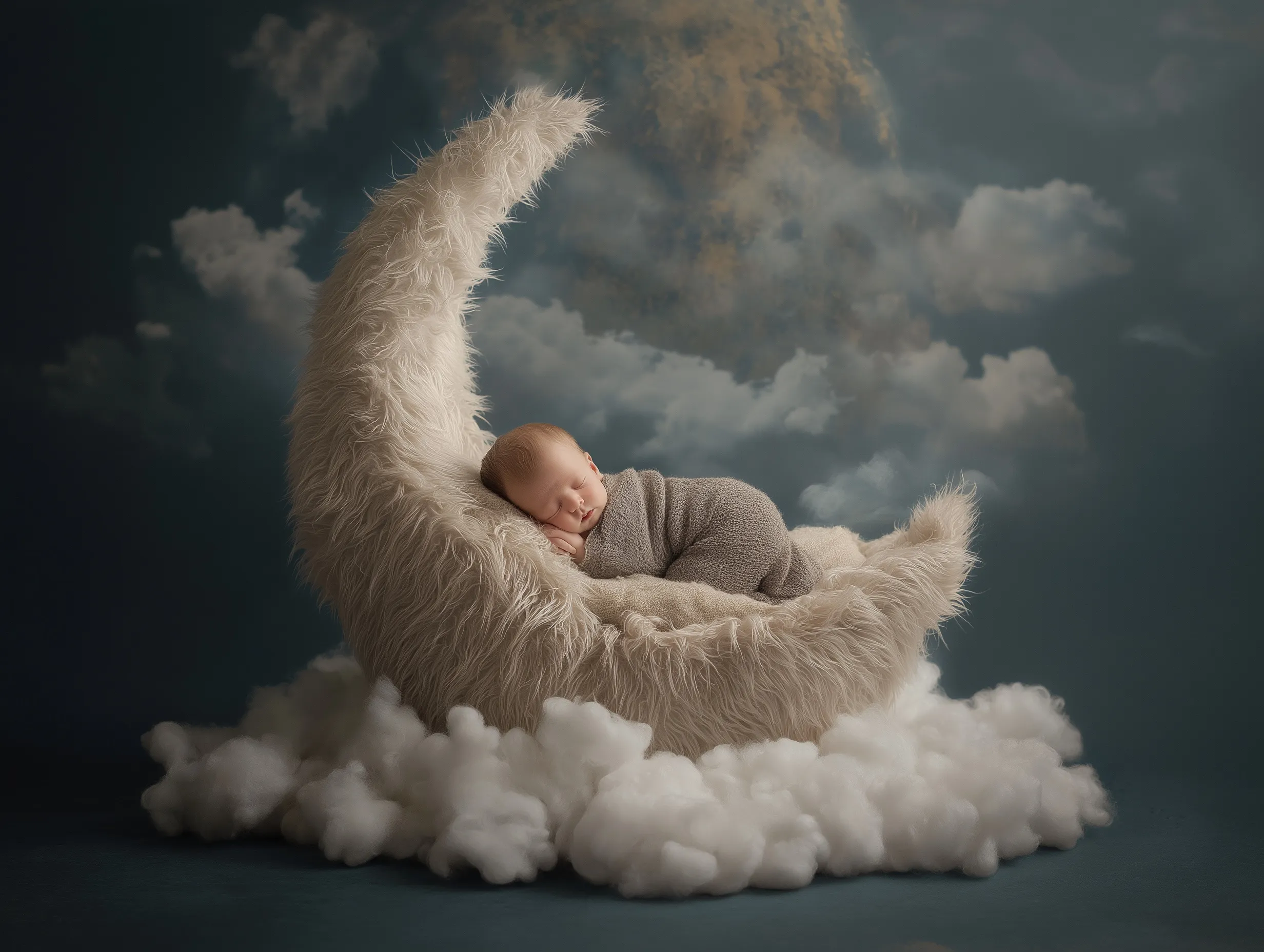 Professional newborn photography session with a sleeping baby on a luxury, high-end studio backdrop.