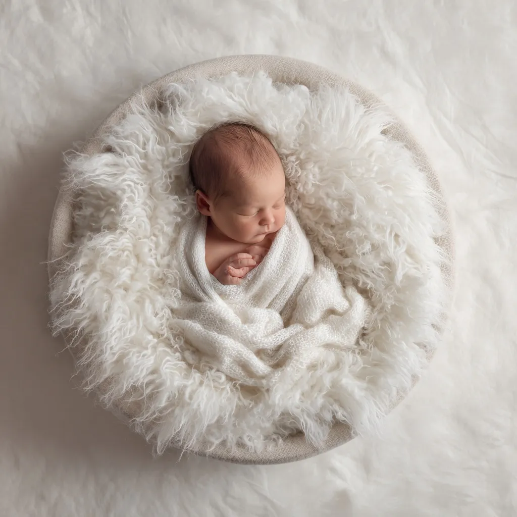 Overhead view of a newborn photography bowl with soft white blankets on a neutral white studio background.