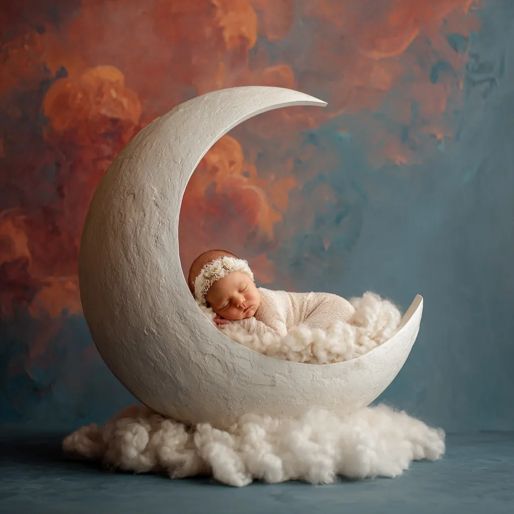 A newborn baby wearing a white headband sleeping in a crescent moon bowl against a clear sky background.