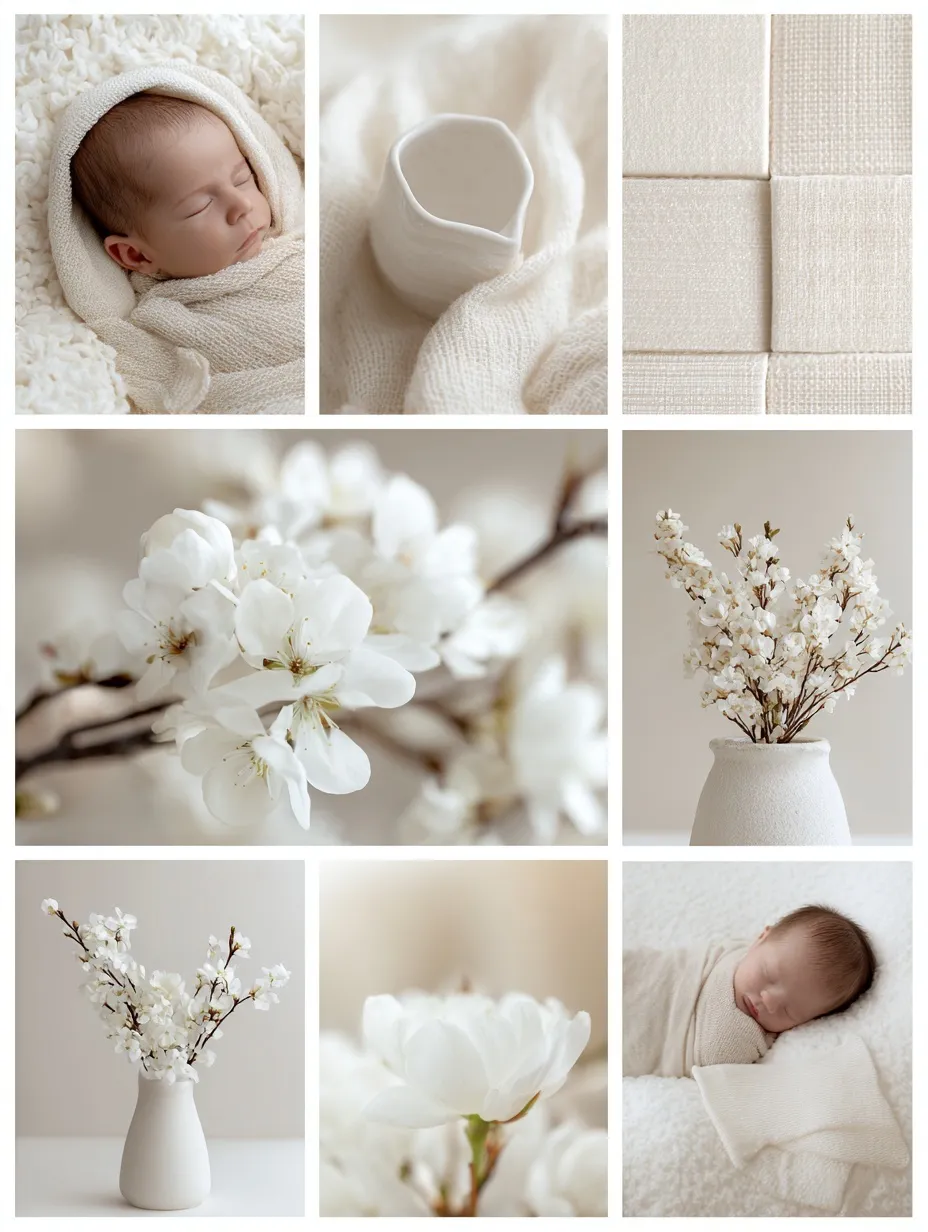 A newborn baby girl sleeping in a minimalist storyboard scene with soft pale cream and white blankets.