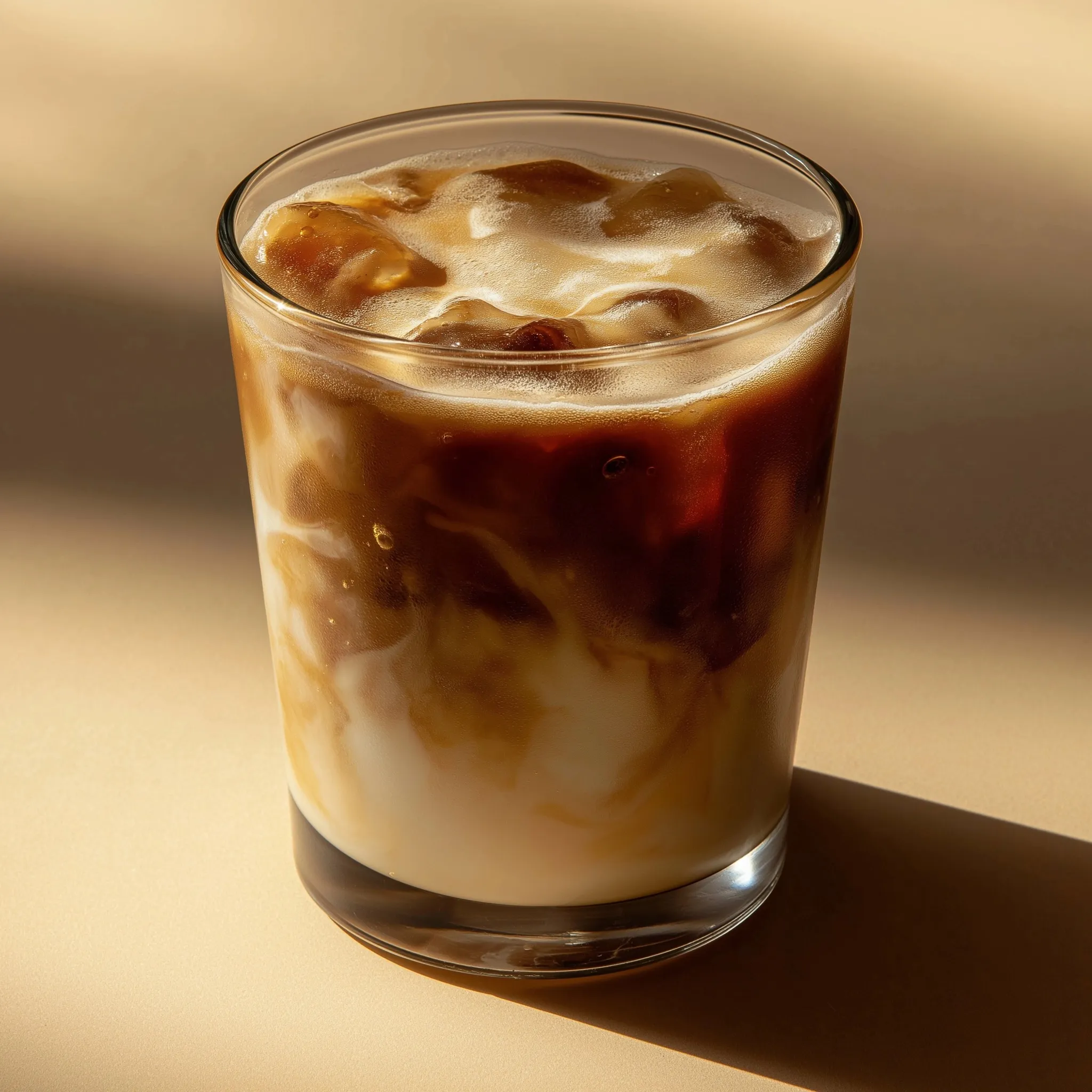 Cold nitro coconut coffee with rich coffee notes in a glass, side view close-up with bright lighting.