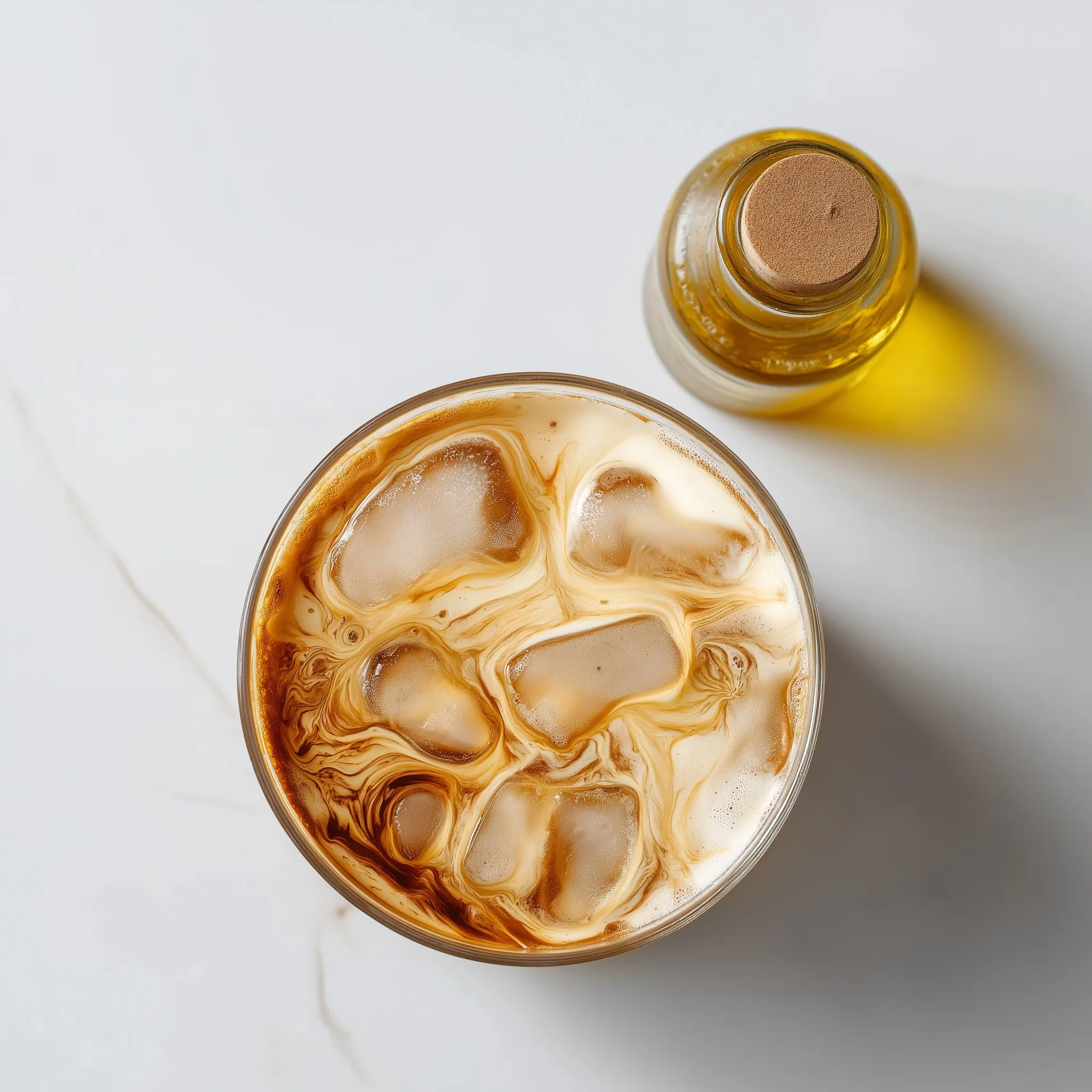 A top-down view of an iced nitro latte with an olive oil layer in a glass next to a small bottle on a white table.