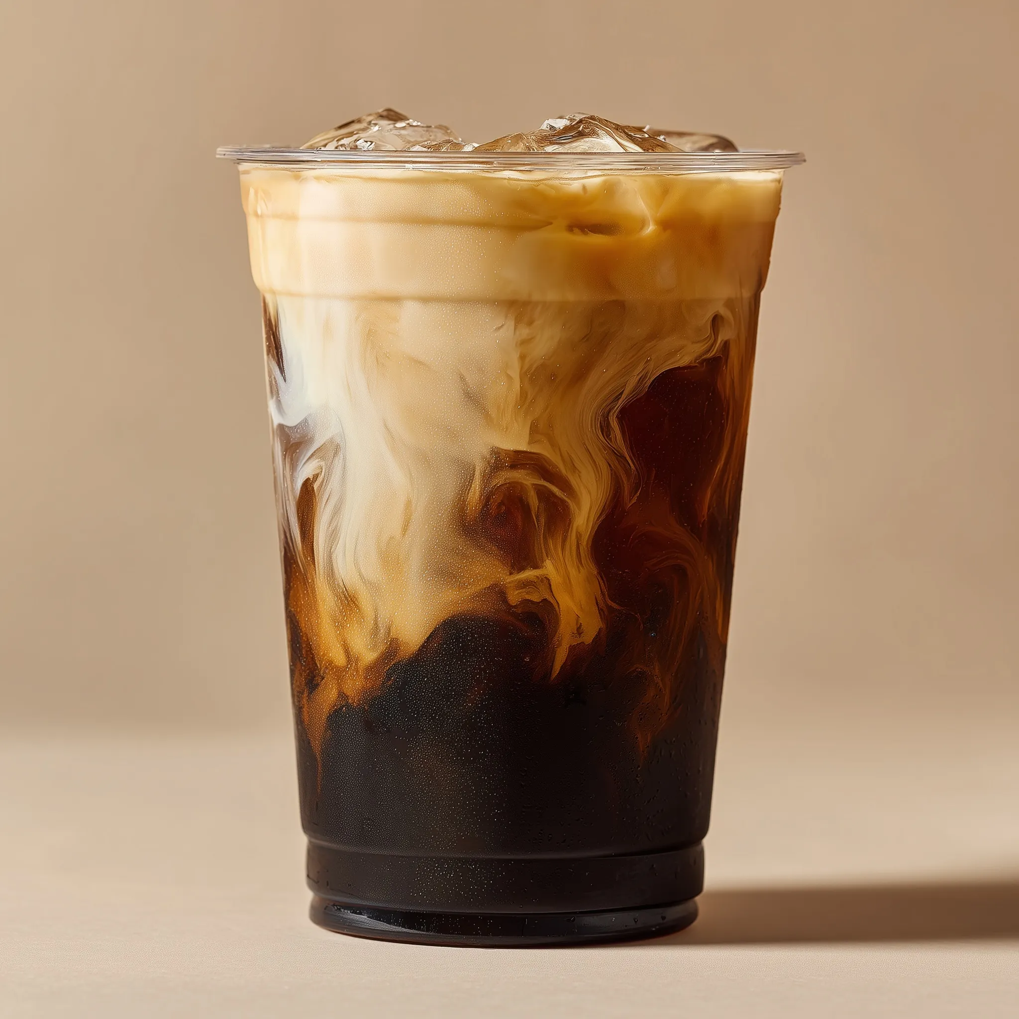 Nitro cold brew coffee with milk swirl in a clear plastic cup, captured with a dynamic organic gradient.