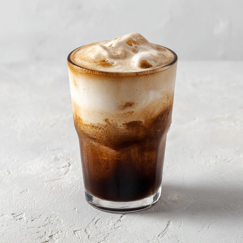 A front view of a glass of cold brew nitro coffee with a frosty, textured ice foam layer.