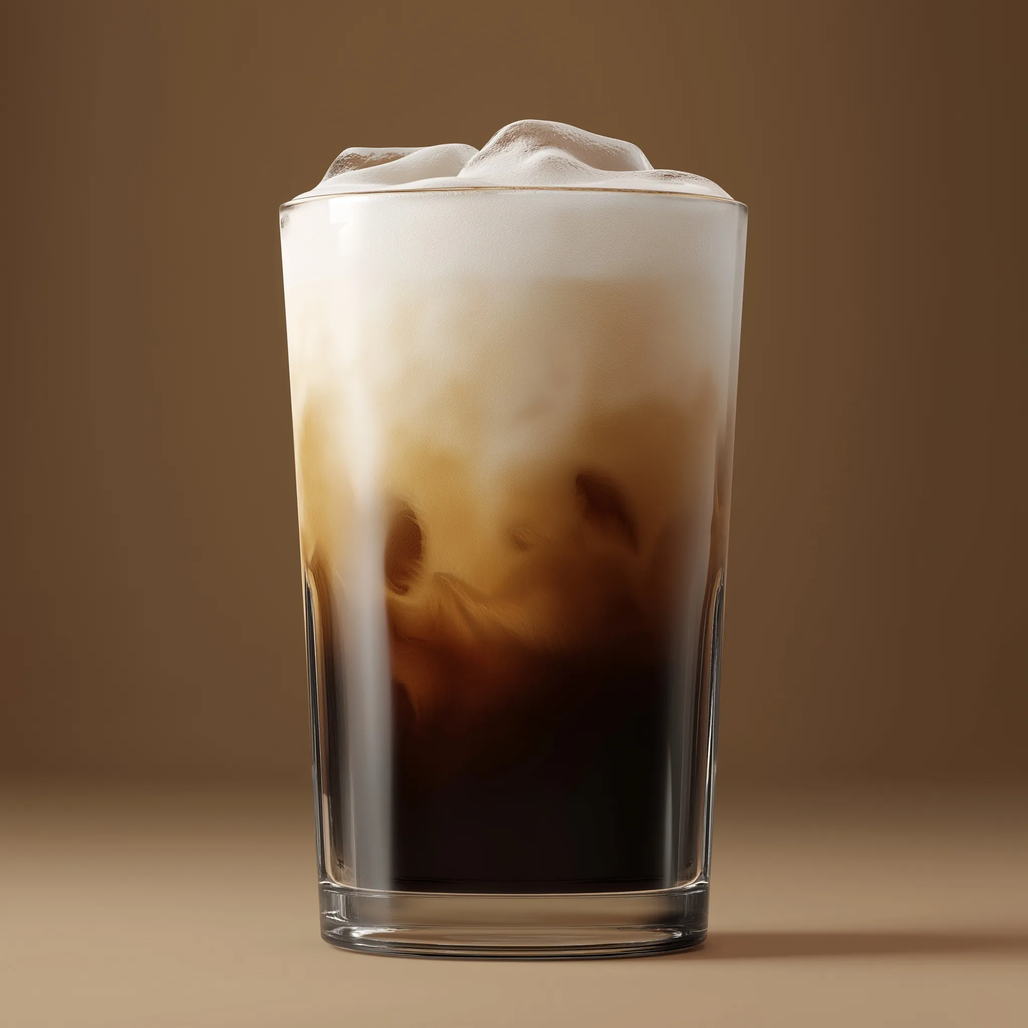 A glass of nitro cold brew coffee with layered cream and foam isolated on a solid muted brown background.