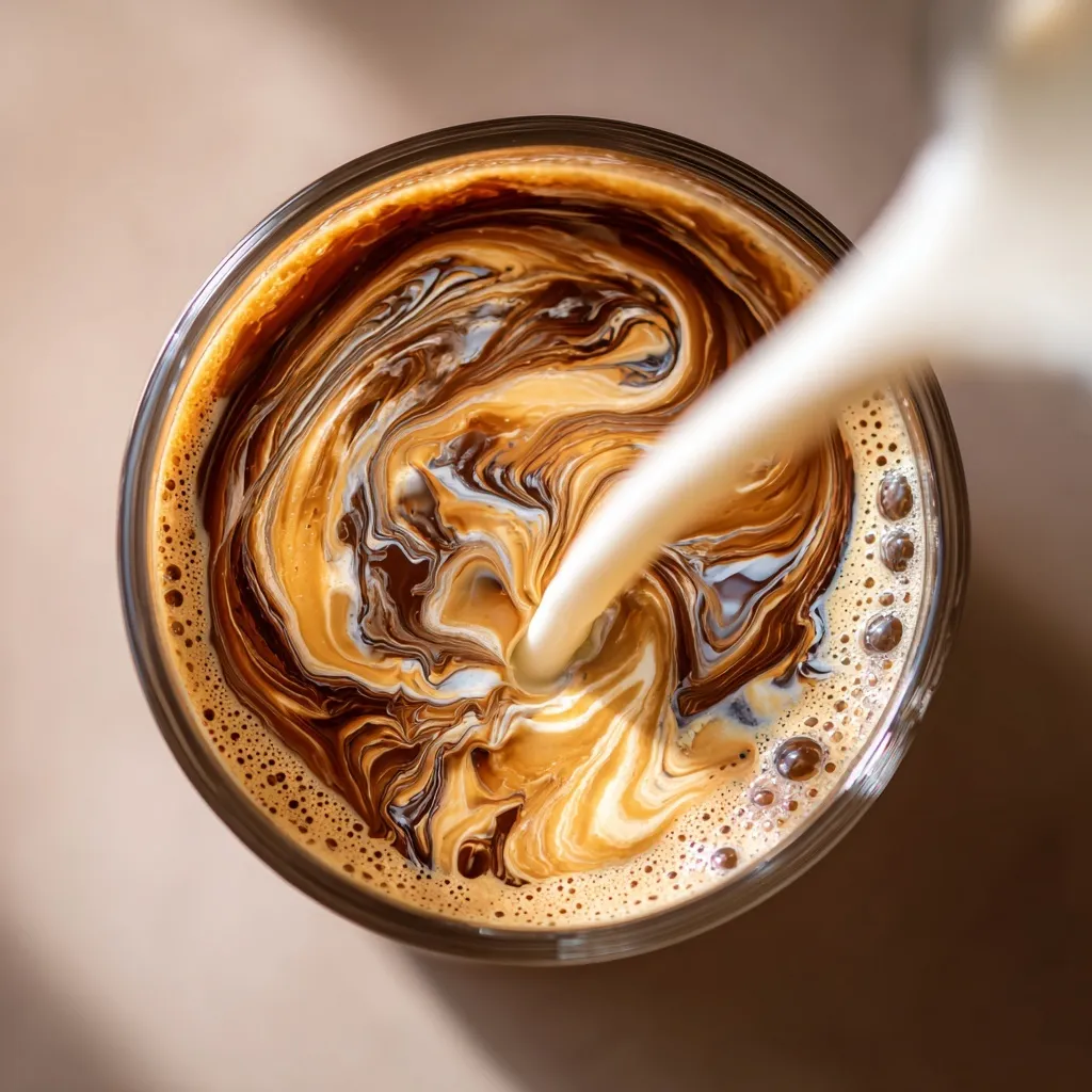Top-down view of milk pouring into nitro coffee in a glass cup, creating swirling abstract textures.