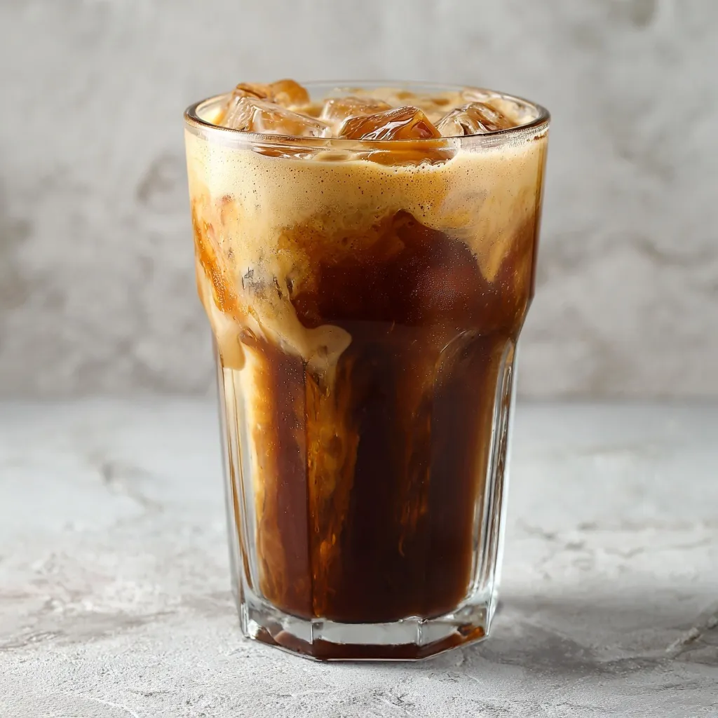 A glass of salted caramel nitro cold brew coffee with creamy texture, captured from a front view.