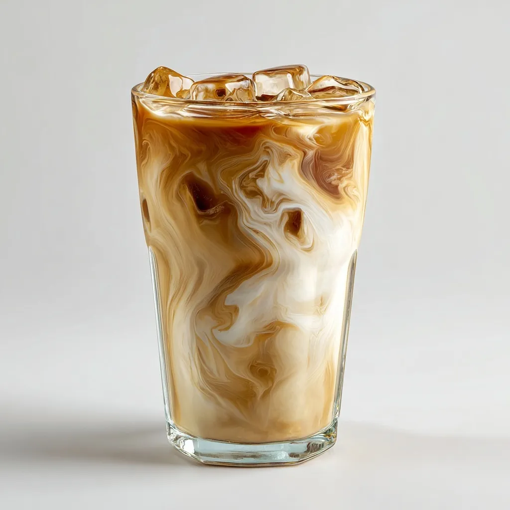 A glass of creamy nitro iced coffee with swirling white and brown patterns and ice cubes on a clean white background.
