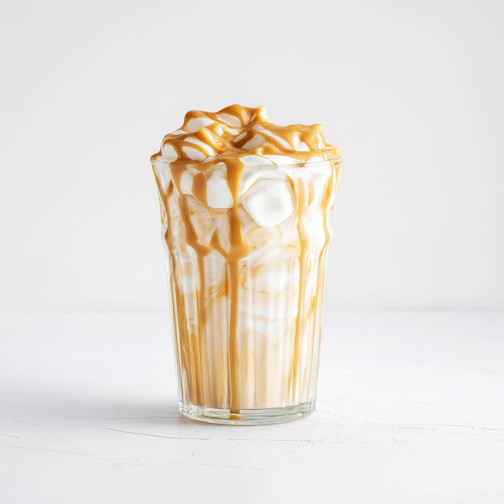 Peanut butter and marshmallow latte in a glass with drizzle and fluff smears on a white studio background.