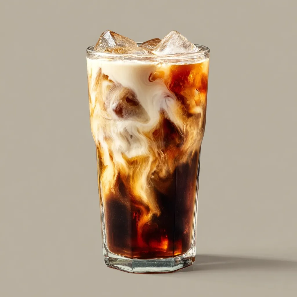 A front view of a glass of refreshing nitro cold brew coffee swirled with creamy milk.