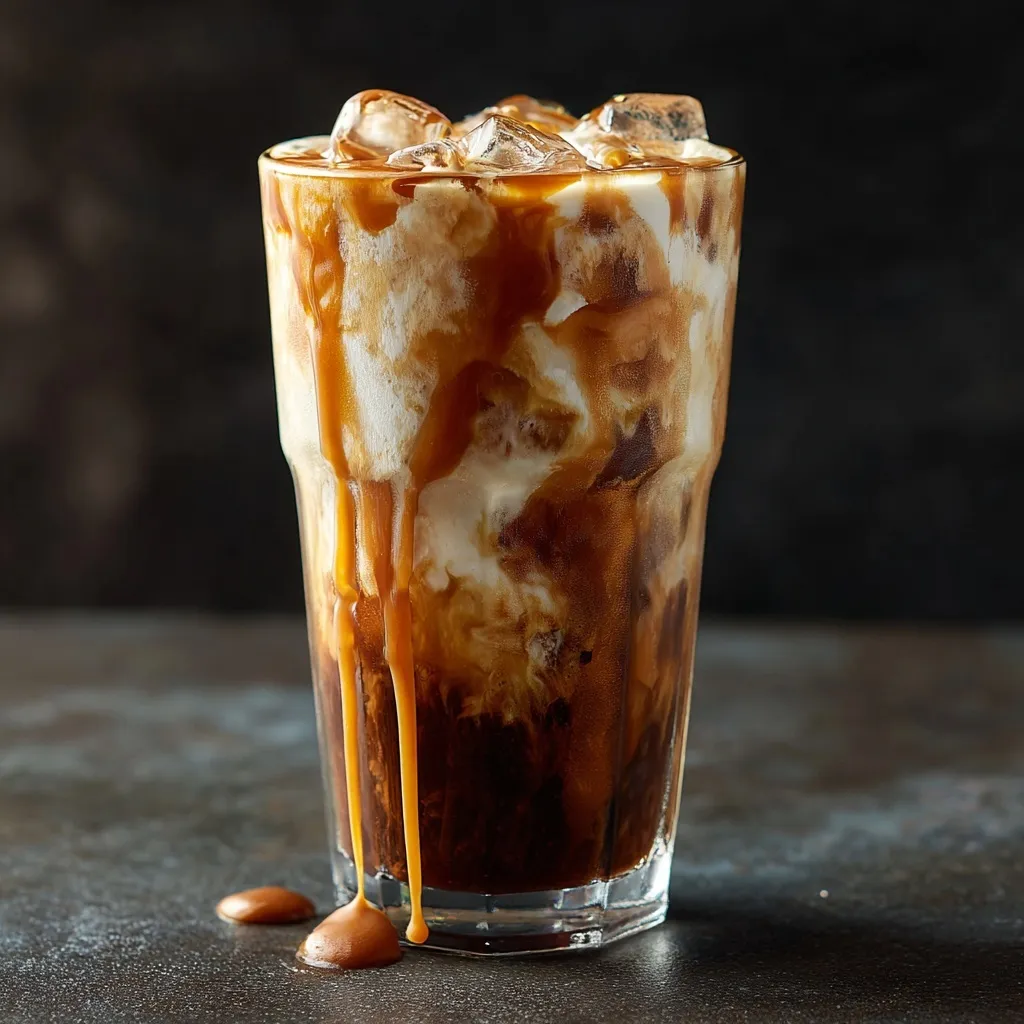 Cold brew nitro coffee in a glass with salted caramel sauce dripping down the sides, front view.