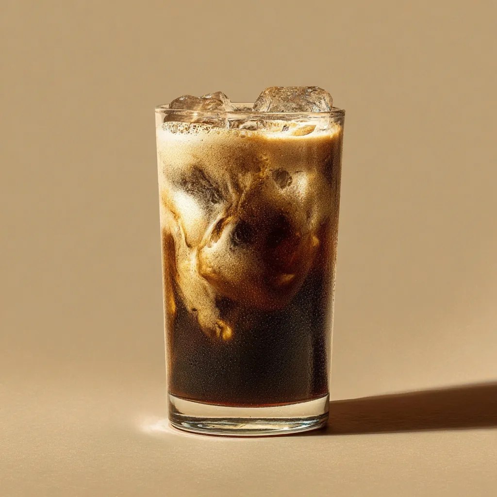 Nitrogen coffee with dense foam and ice in a Japanese glass on a beige background, professional studio lighting.