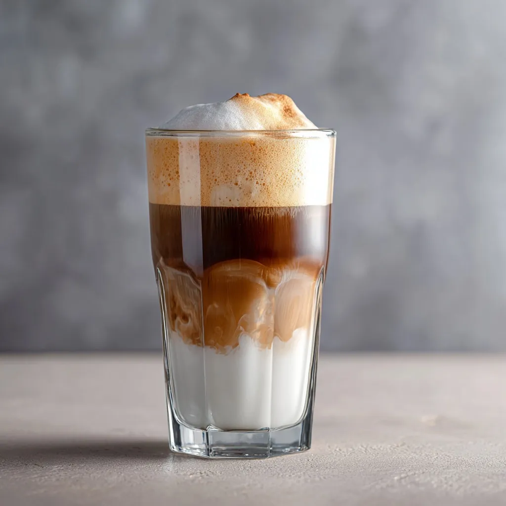 A fresh nitro macchiato coffee served in a clear glass with visible layers and smooth foam texture.