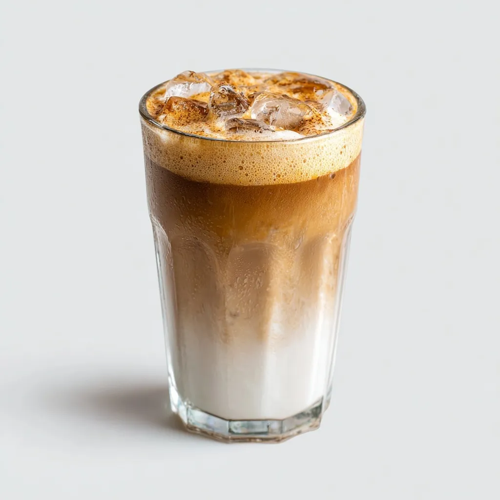 A tall glass of iced coconut latte with milk layers and coffee texture on a clean white background.