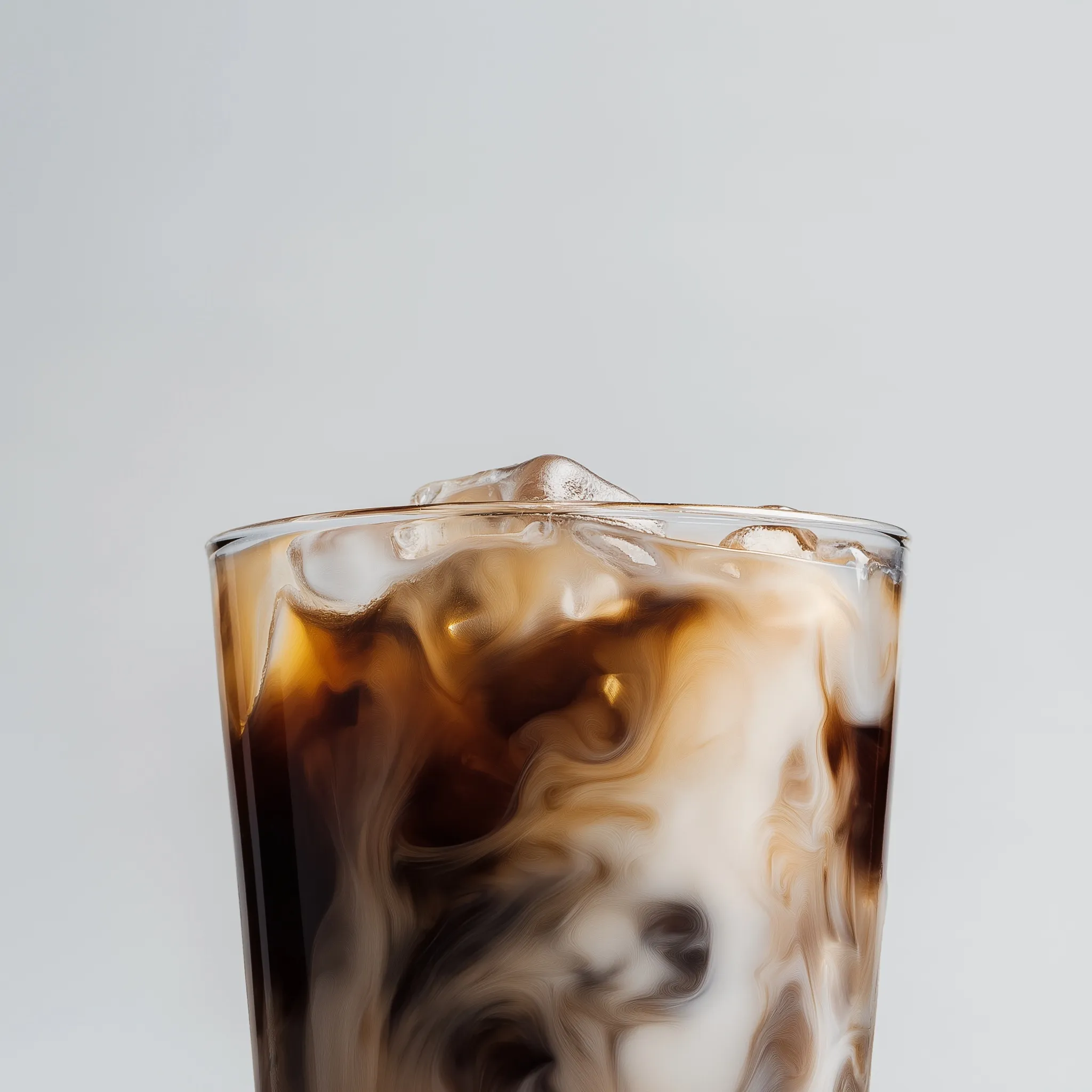 Close-up of nitro cold brew coffee with swirling cream and ice cubes in a glass against a minimalist gray background.