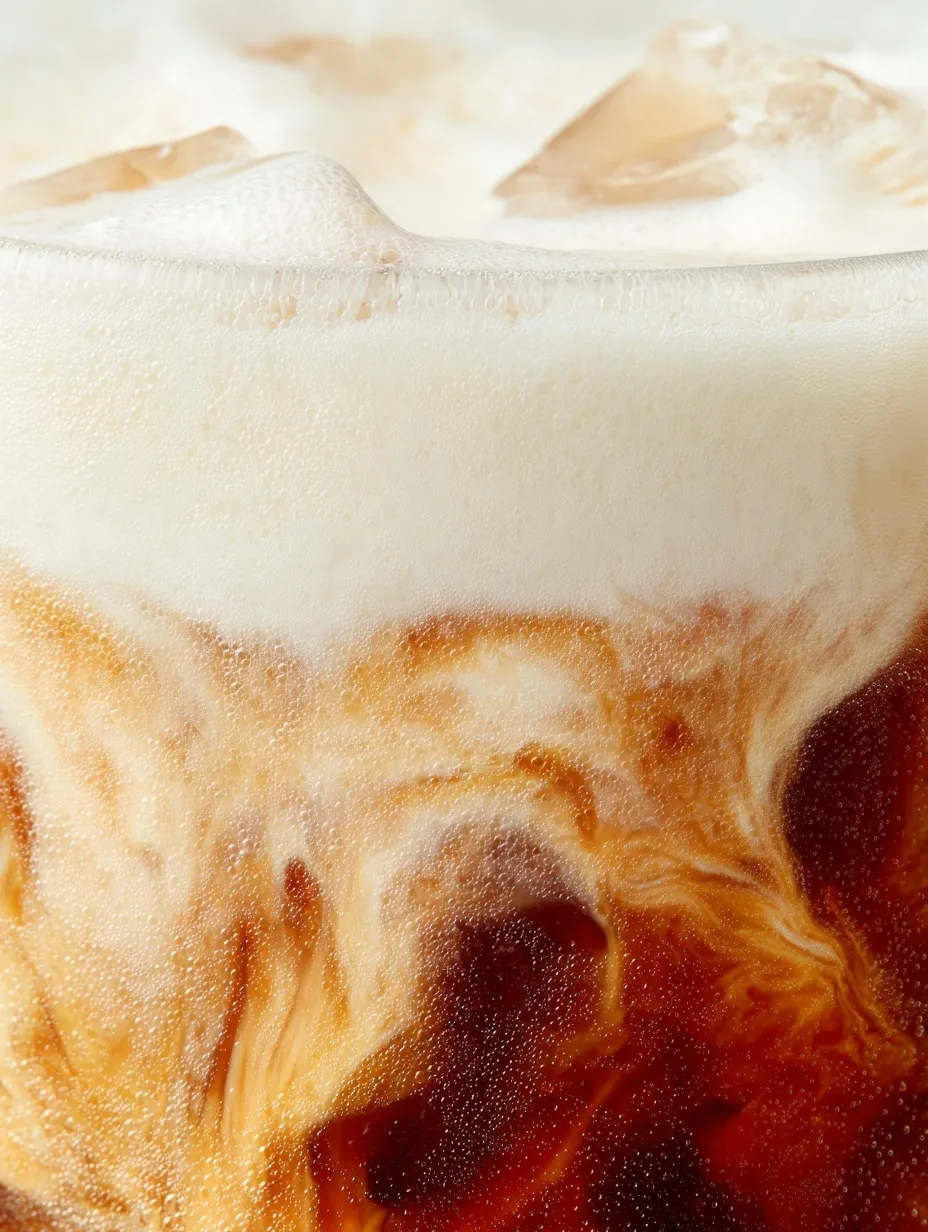 Macro shot of iced nitro coffee in a glass with white cream settling at the bottom, summer food photography style.