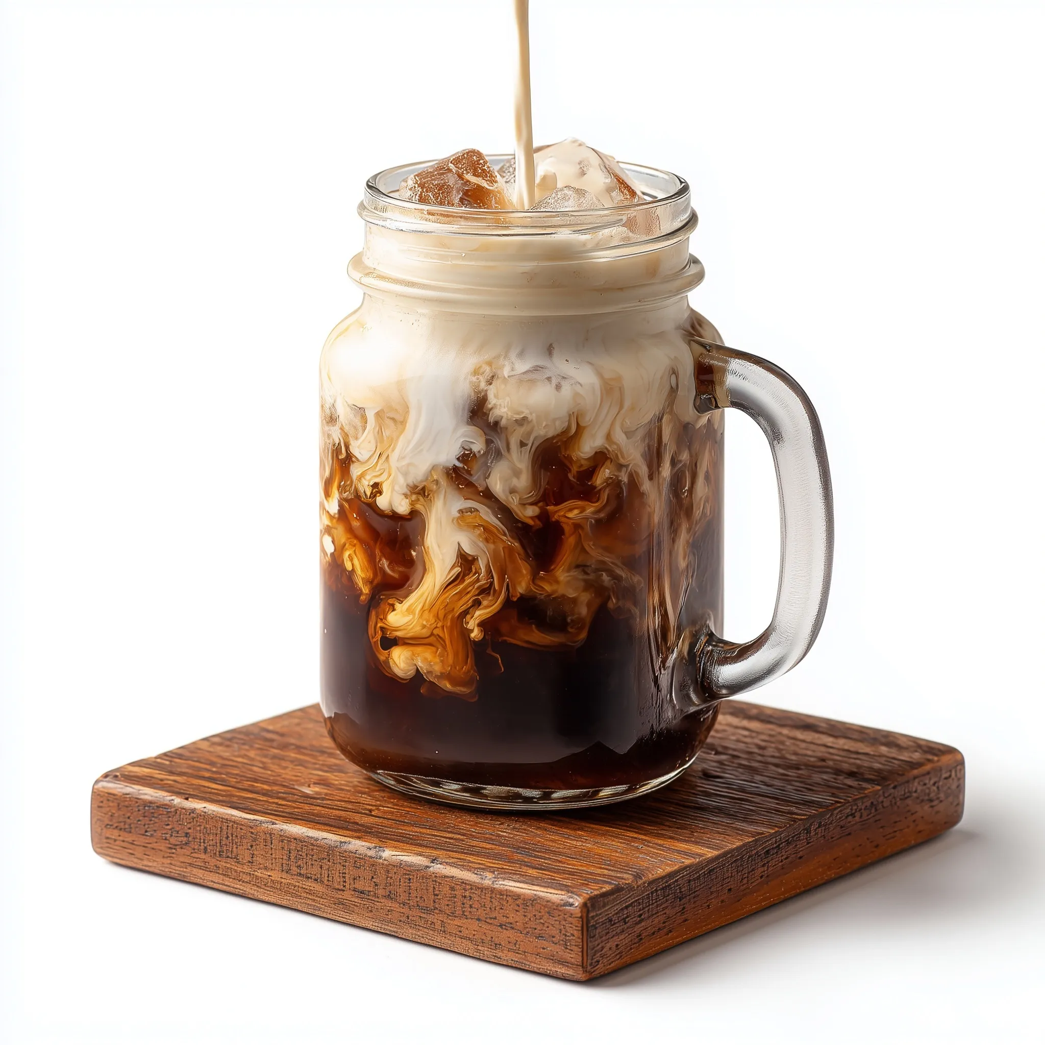 Creamy milk pouring into nitro cold brew coffee in a glass mason jar on a wooden board, isolated on white background.