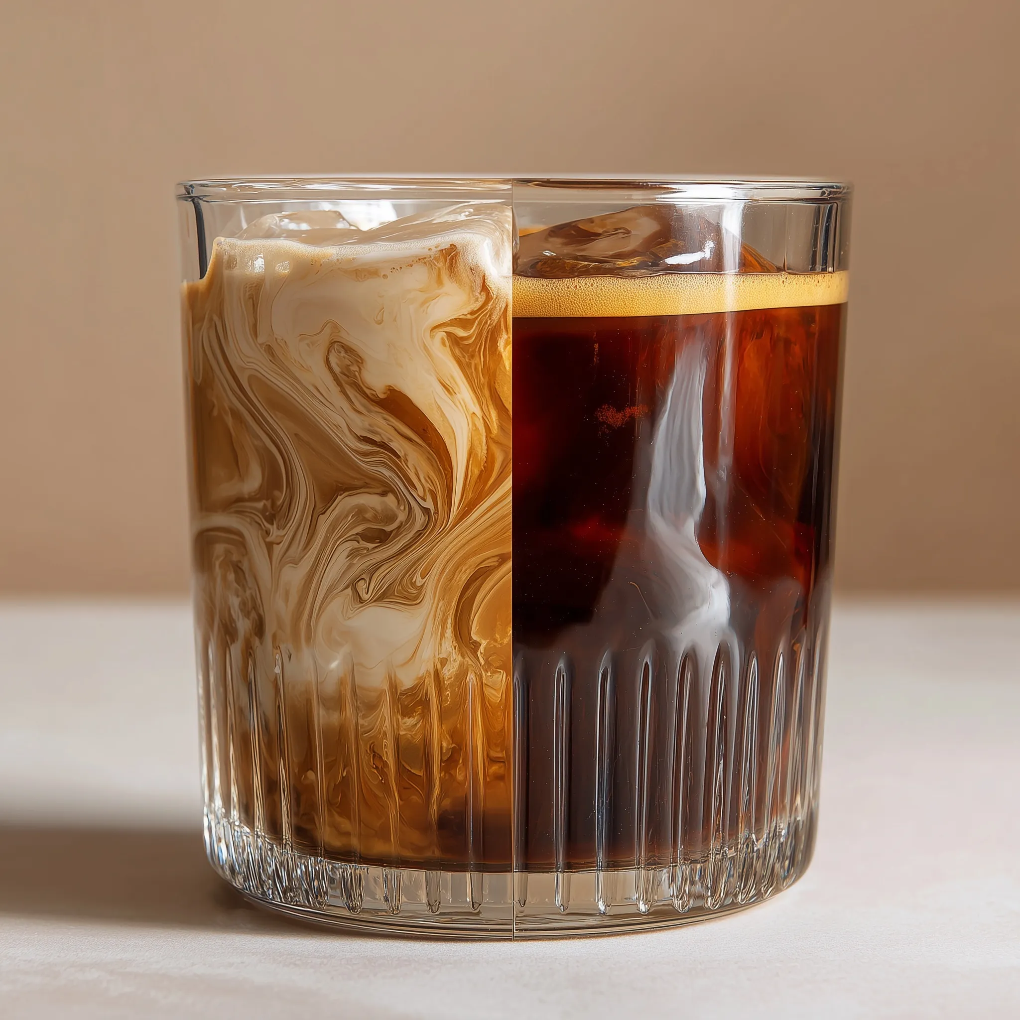 Close-up of a ribbed glass split between iced coffee with creamy swirls and hot black coffee with ice cubes.