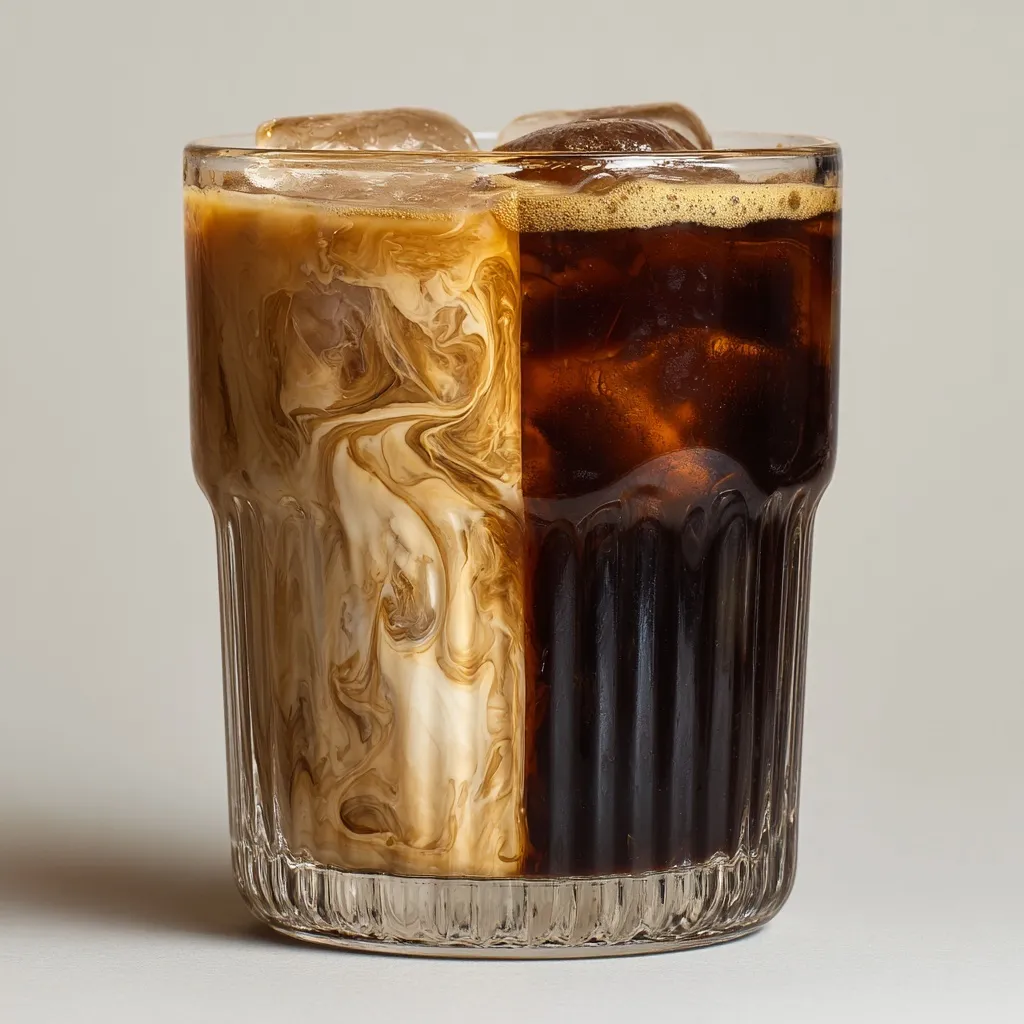 Close-up of a ribbed glass split between iced coffee with marbled swirls and hot black coffee with ice cubes.