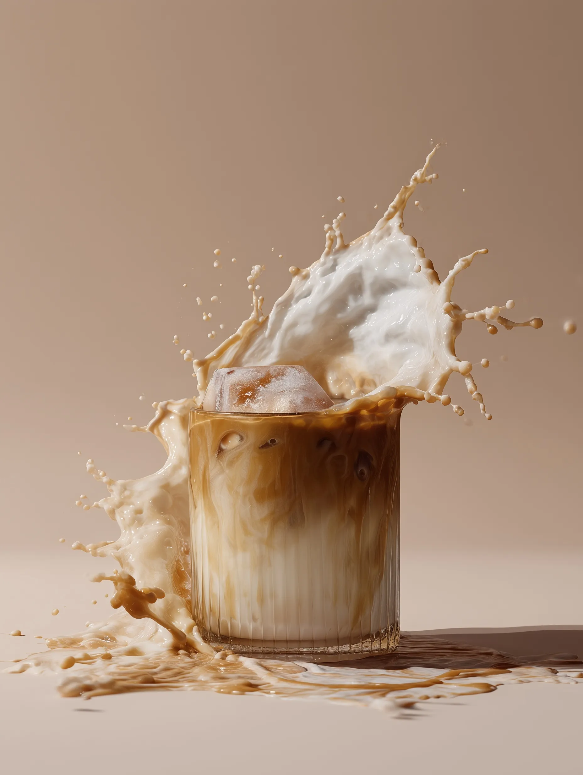 A glass of nitro cold brew coffee with creamy foam spilling over the top, styled in a minimalist Loewe aesthetic.