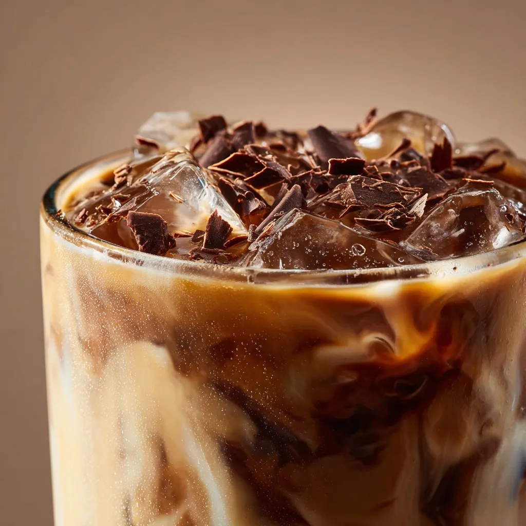 Macro shot of an iced mocha collagen drink with swirling milk, chocolate shavings, and condensation in a tall glass.