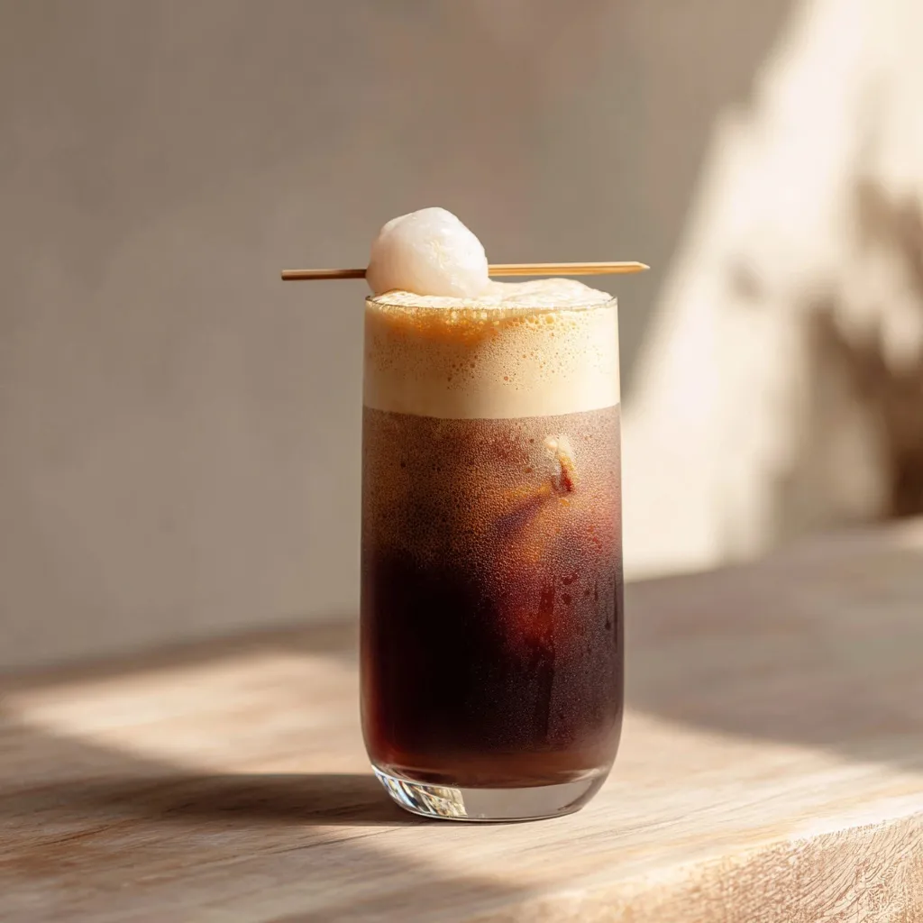 A refreshing nitro coffee mocktail with a golden crema and lychee garnish in a tall glass on a rustic wooden table.