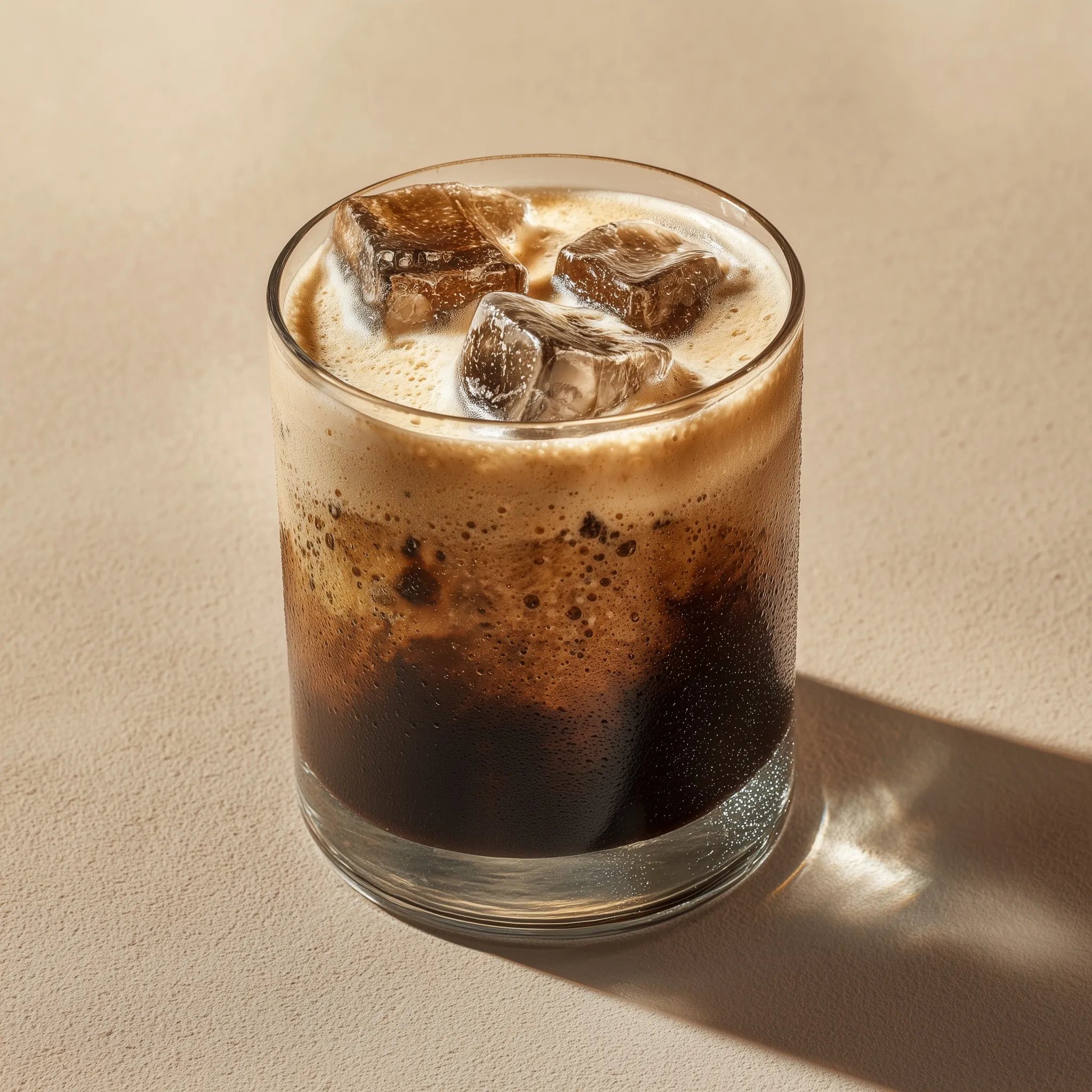 A glass of nitrogen-infused coffee with dense foam and ice cubes, isolated against a soft beige background.
