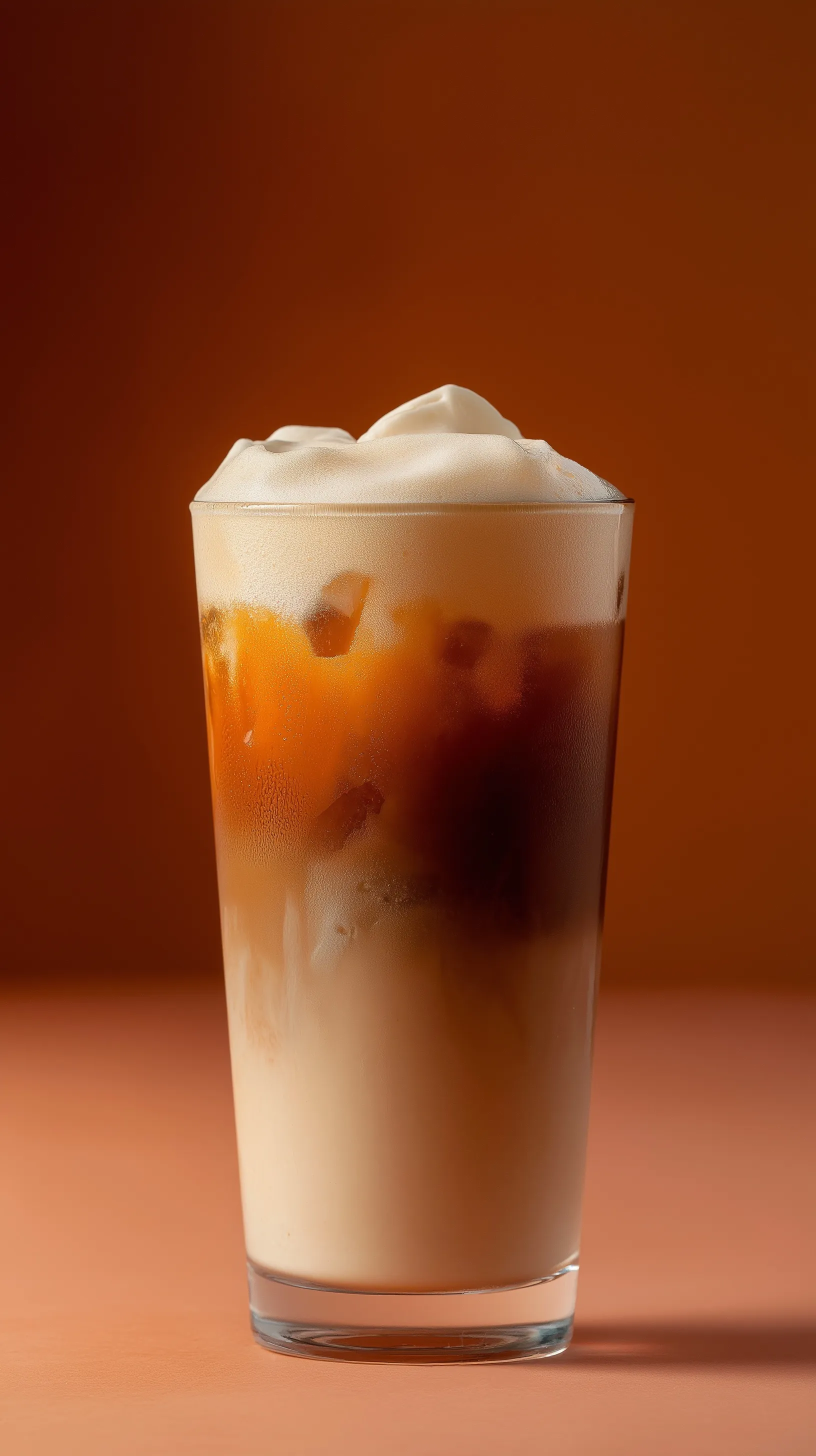 Layered upside down nitro iced latte with orange flat cream in a tall glass on a burnt orange background.