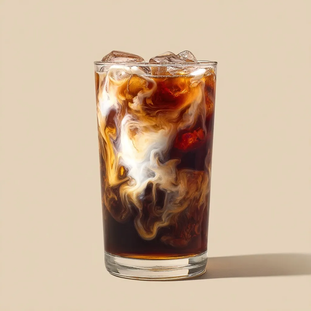 A refreshing glass of French vanilla nitro cold brew coffee featuring a beautiful, swirling creamer effect.