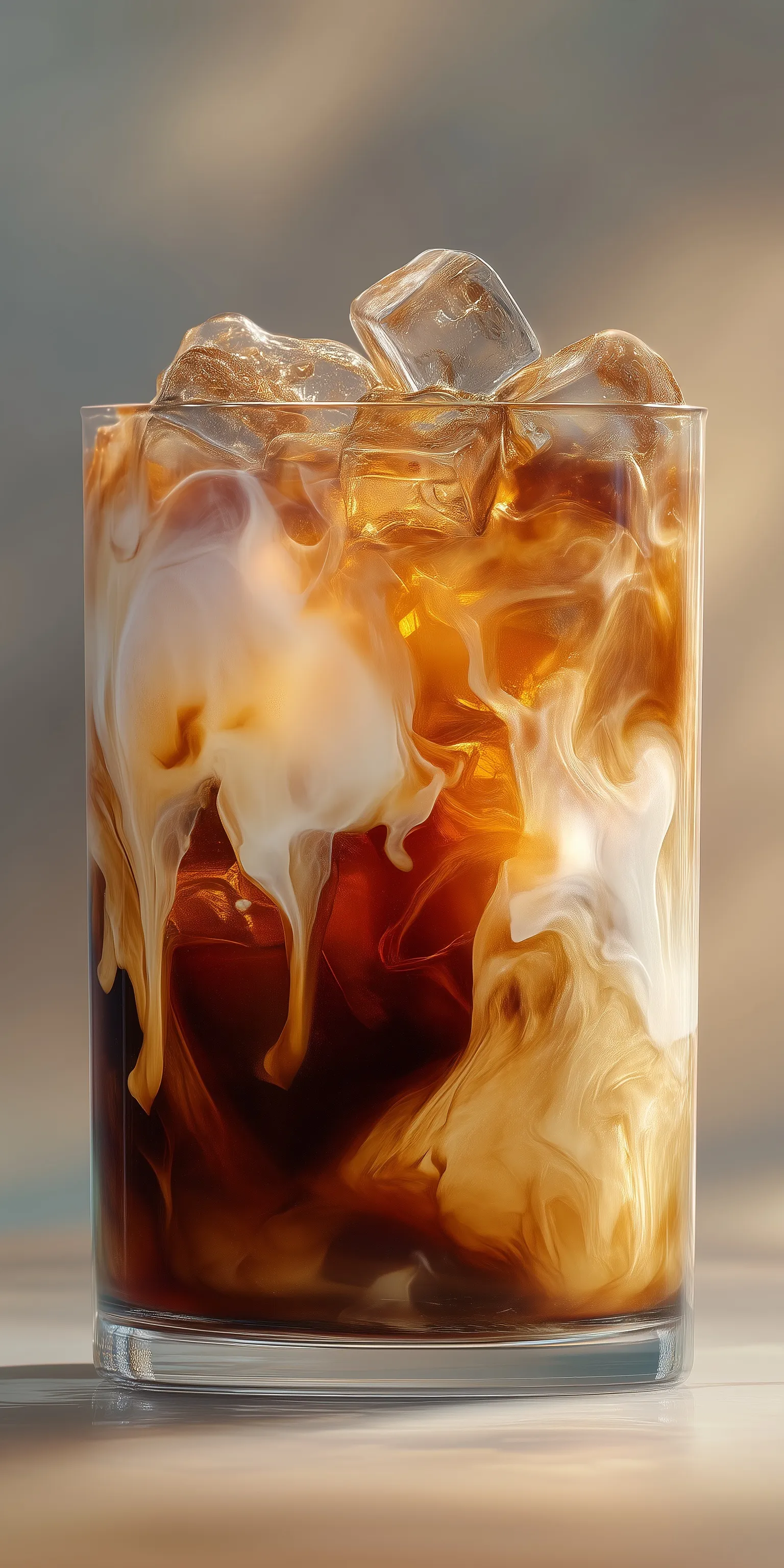 A close-up cross section of a nitro texture iced milk tea in a glass with soft side lighting.