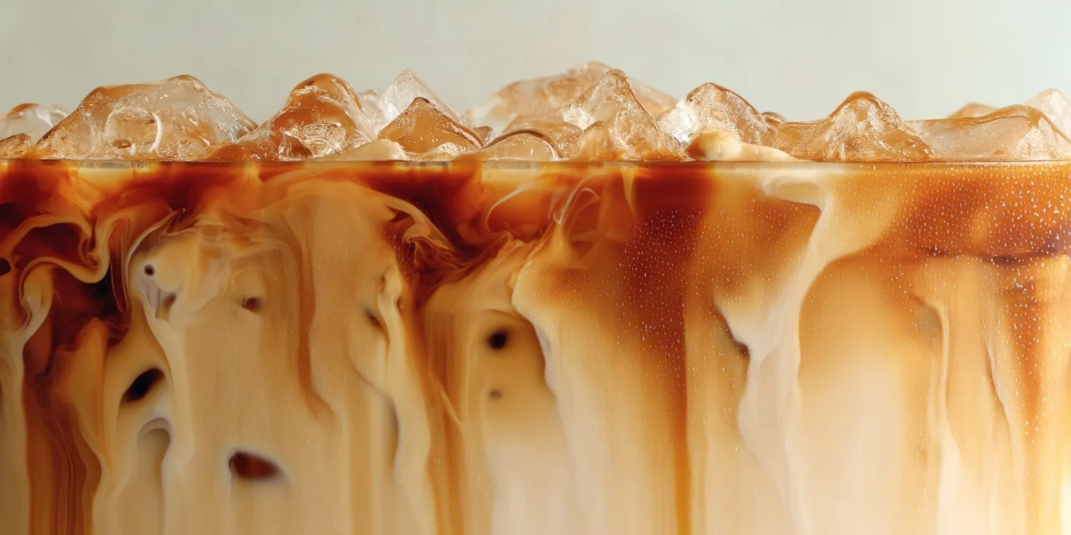 Iced milk tea background with aesthetic brown sugar streaks against a glass pane, full frame, light brown liquid.