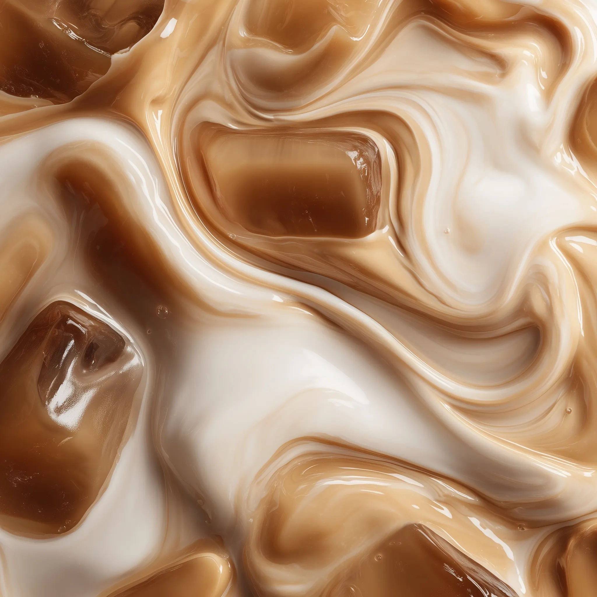 Macro close-up of creamy nitro cold brew coffee with swirling milk and rich caramel tones in soft natural light.