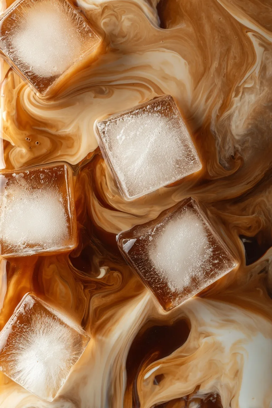 Close-up of nitro iced coffee with swirling cream, rectangular ice cubes, and rich brown background textures.