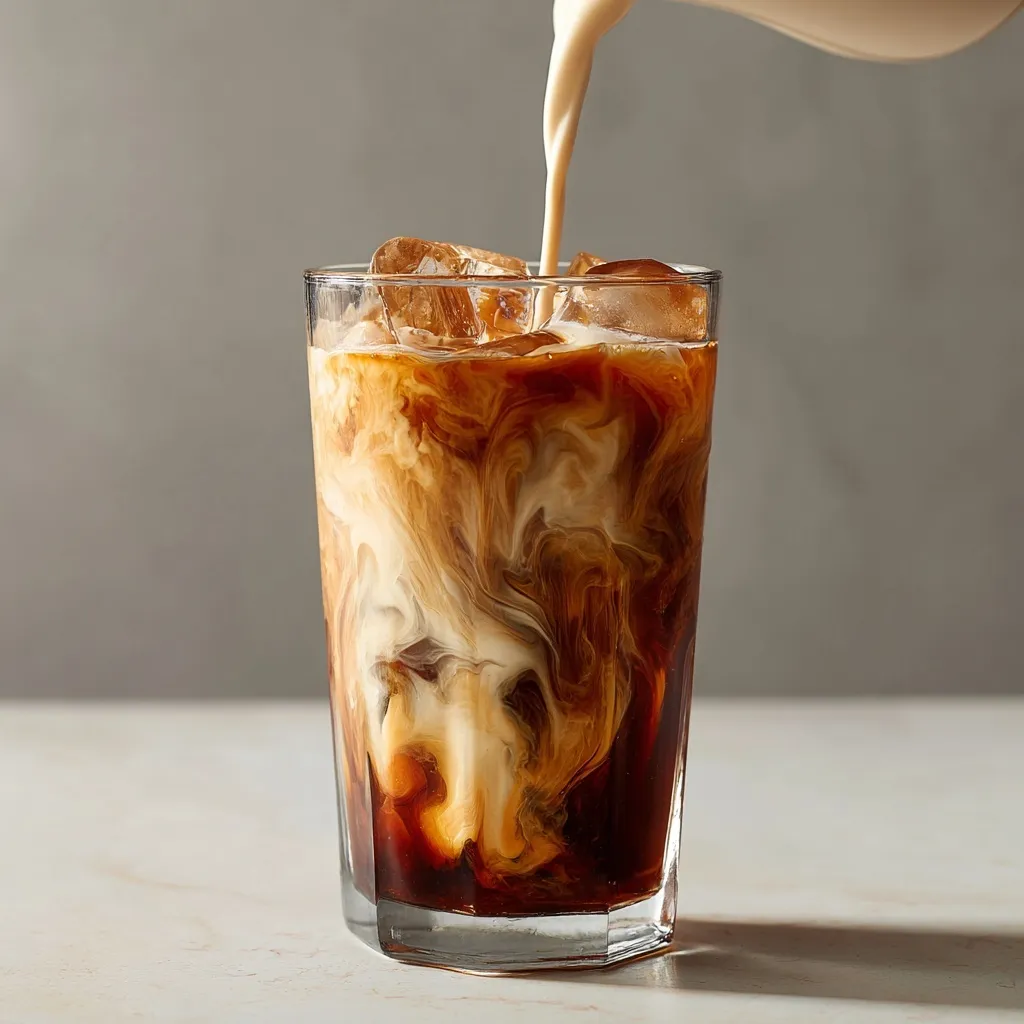 Close-up of cold brew nitro coffee featuring a smooth, creamy white swirl mixing into dark iced coffee.