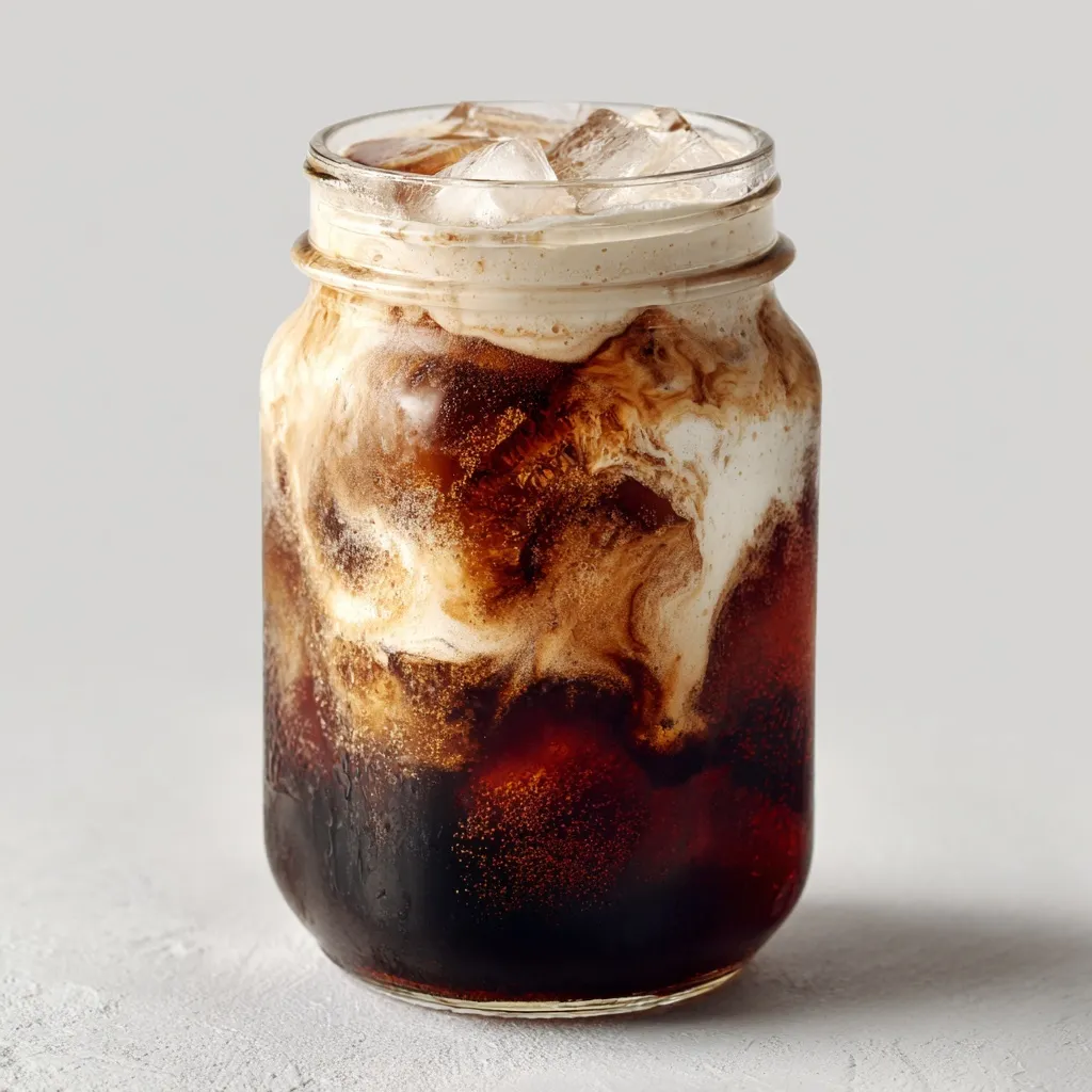 A glass of nitro cold brew coffee with cream swirls in a mason jar against a plain background.