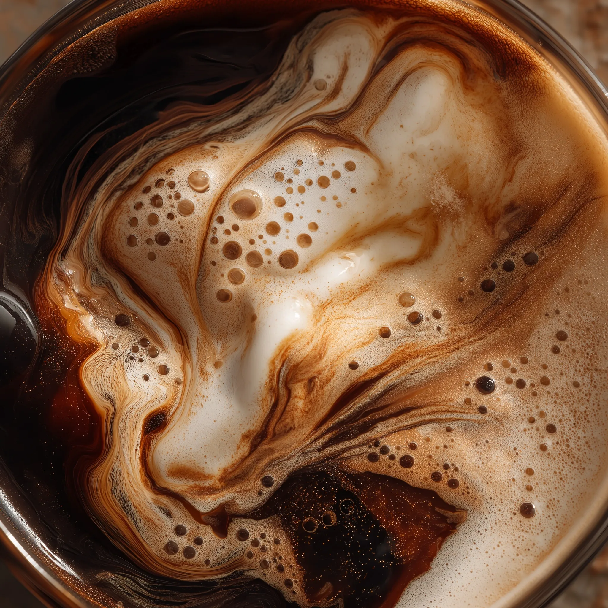 Close up abstract texture of nitro coffee and amaretto affogato with creamy foam swirls and rich coffee gradients.