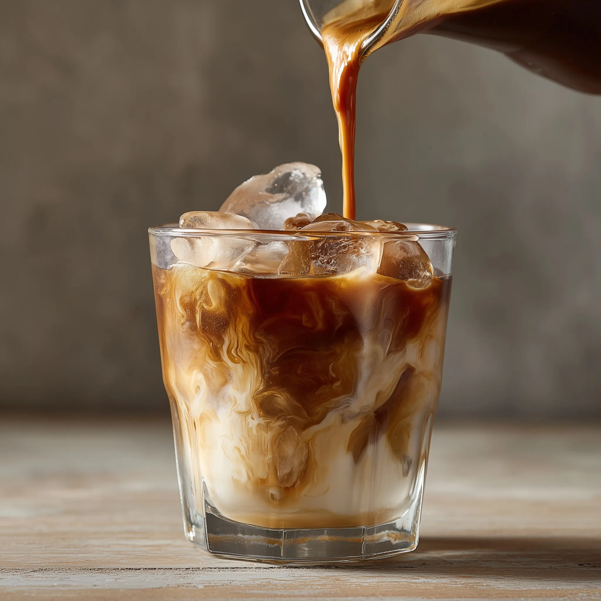 Close-up of smooth nitro espresso pouring into iced milk, highlighting light reflecting off ice cubes in a glass.