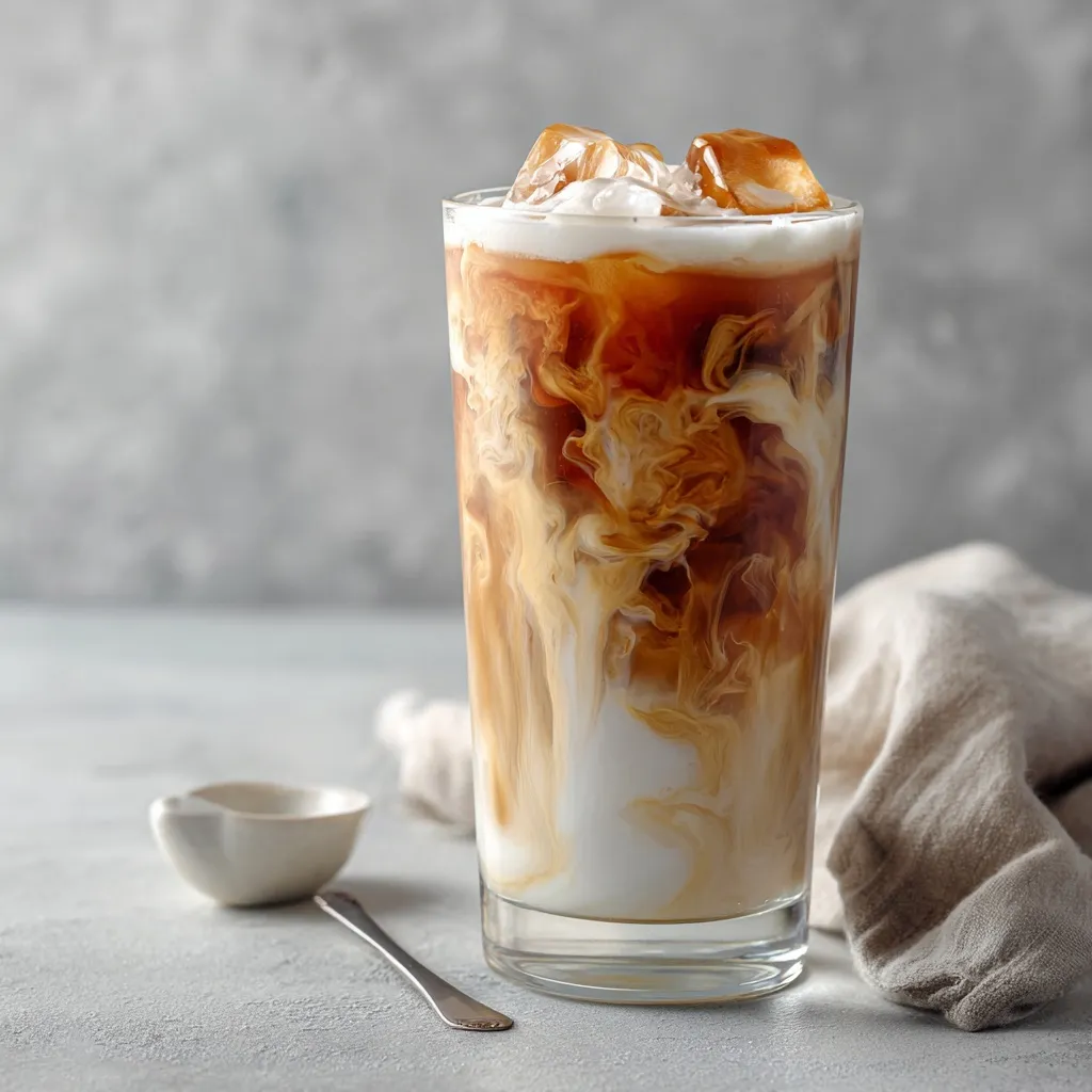 Iced salted caramel nitro latte in a glass on a stone surface with caramel swirls and cold foam.