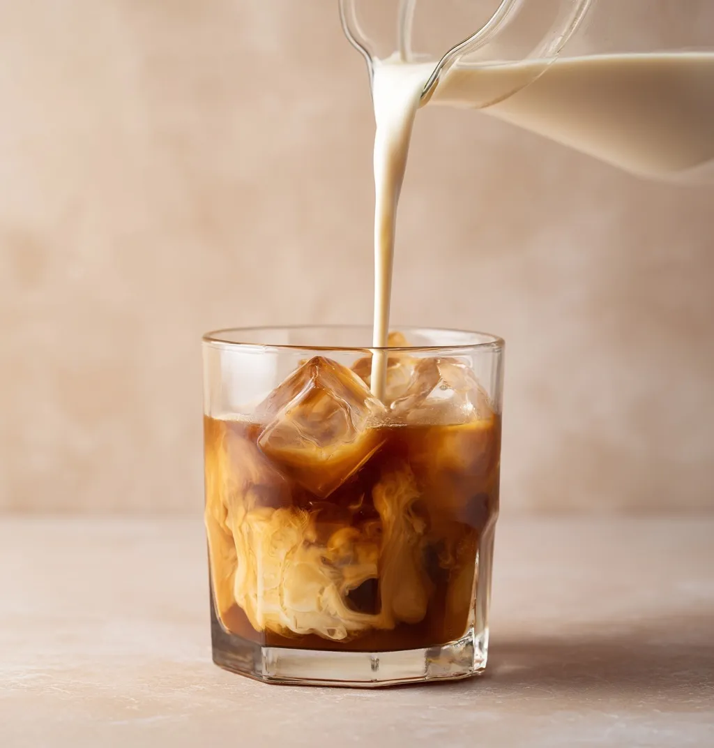 Hand pouring creamy milk into a glass of nitro cold brew iced coffee against a minimalist beige background.
