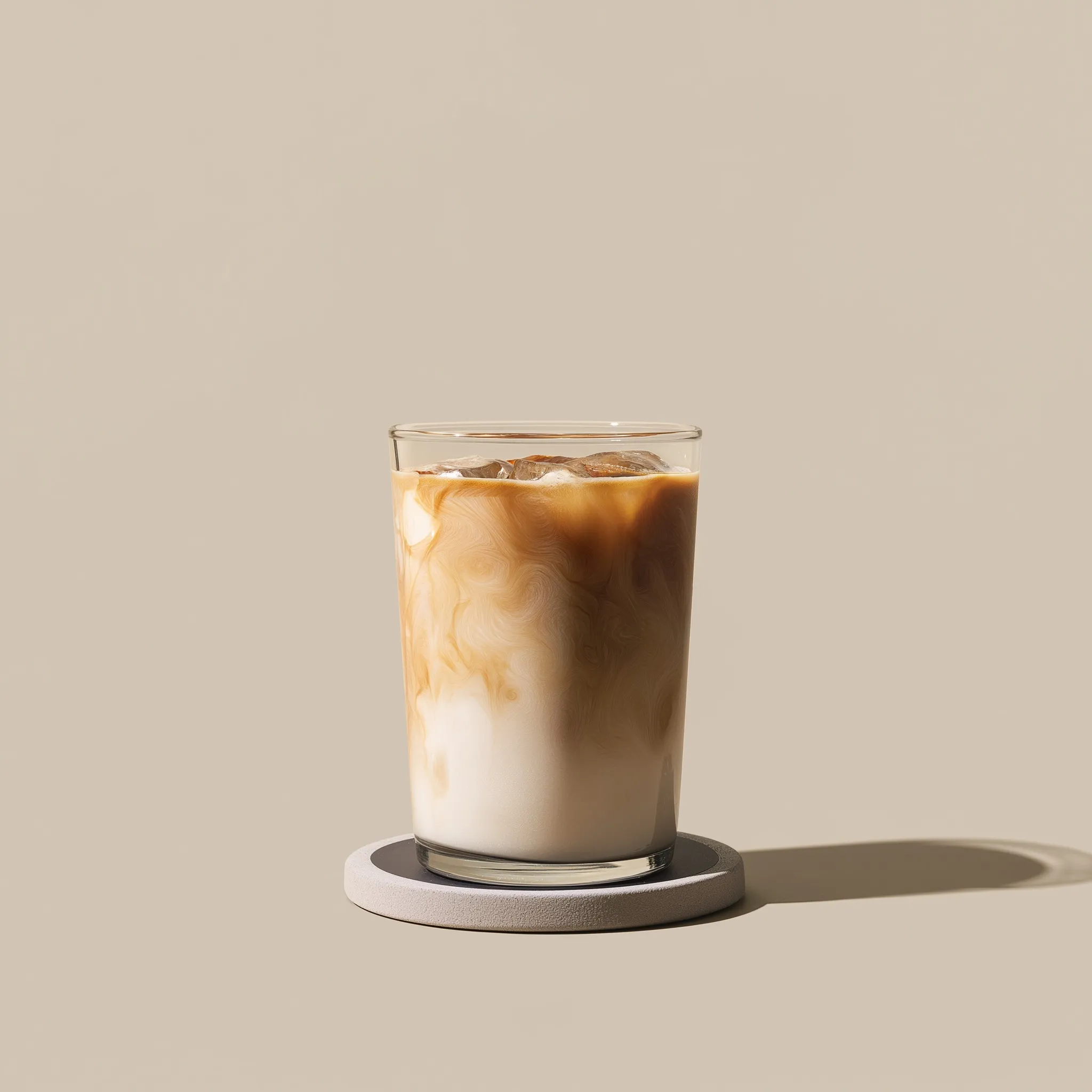 A tall glass of nitro latte with swirling espresso and milk on a coaster against a neutral background.