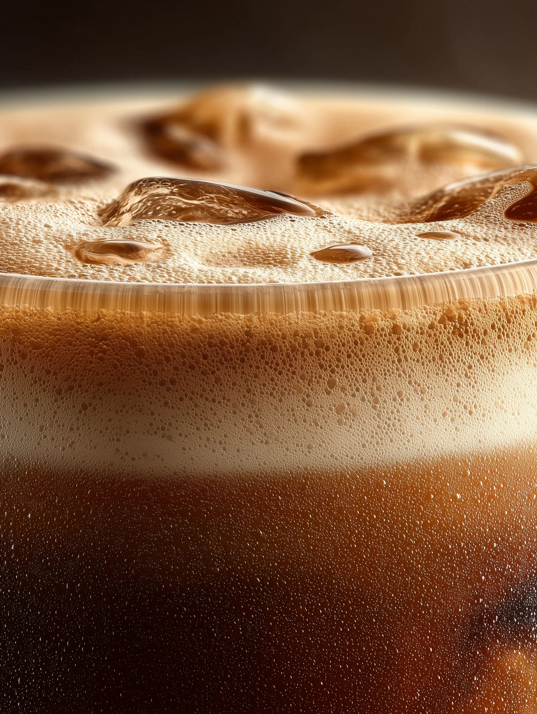Flat, top-down orthographic view of a smooth, creamy nitro iced latte coffee texture with subtle ice and brown hues.