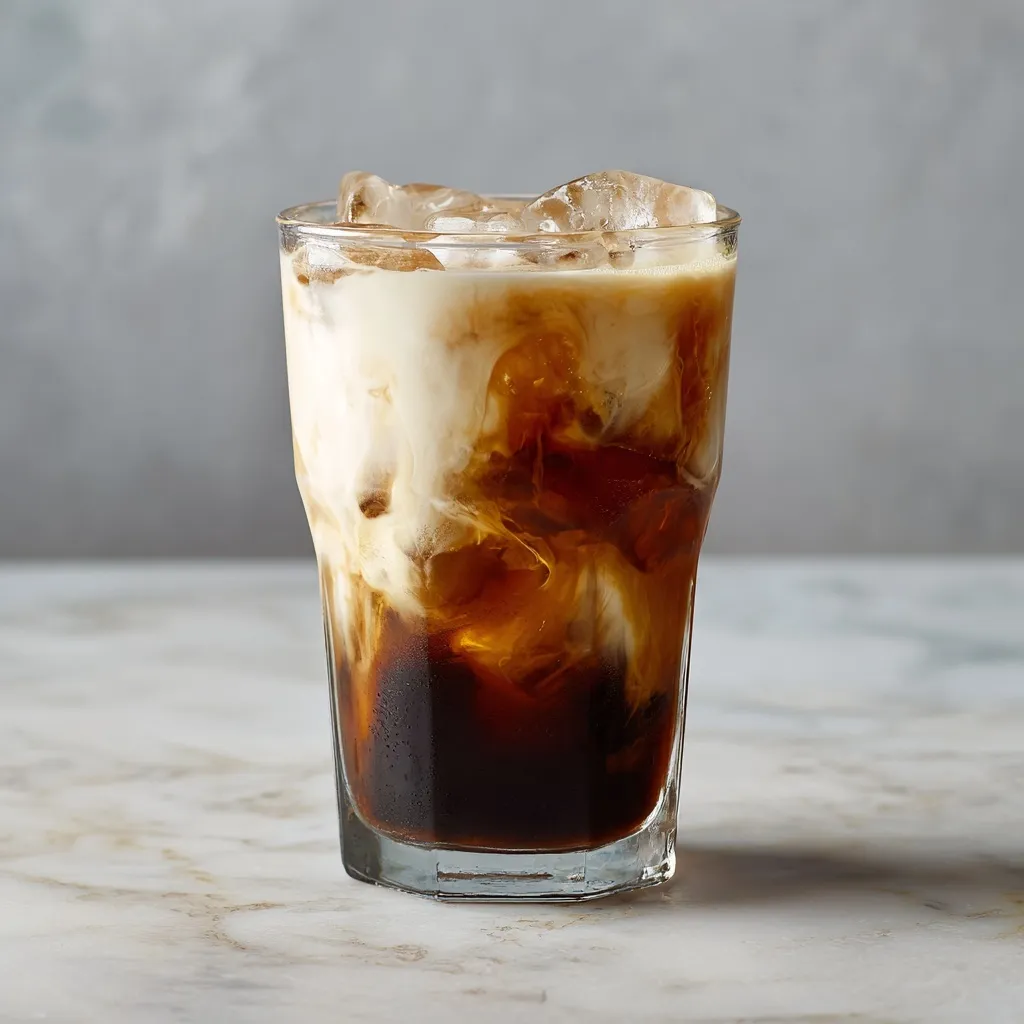Cold brew nitro coffee with swirls of white creamer in a glass, front view.