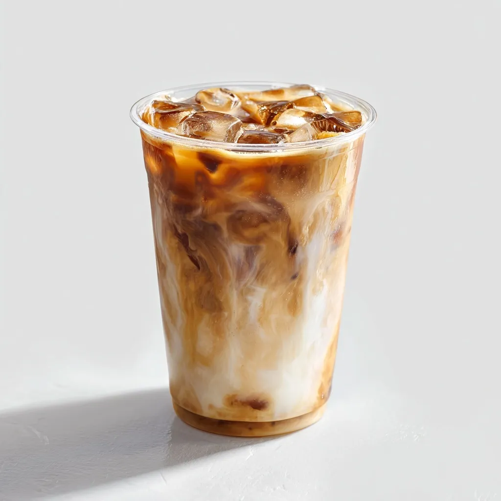 Iced nitro cold brew coffee in a clear plastic cup on a clean white background, side profile view.