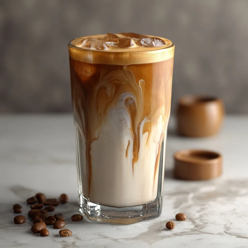 A refreshing glass of iced nitro cold brew coffee latte with smooth crema and ice cubes on a wooden table.