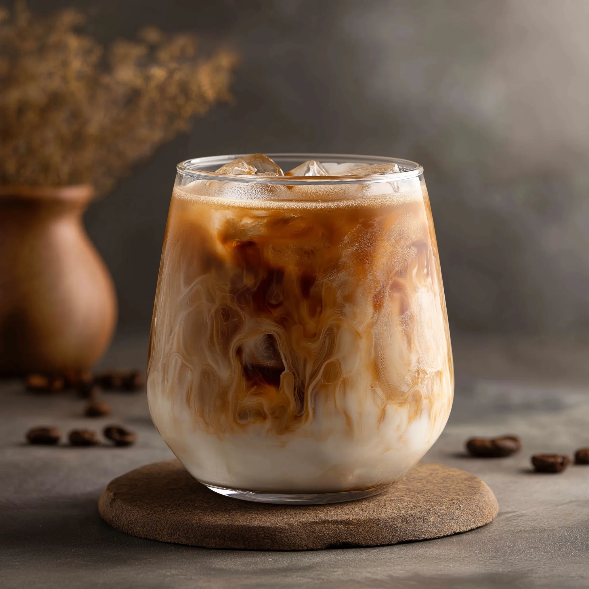 A refreshing iced nitro latte in a clear glass, showing coffee texture and ice cubes against a clean background.
