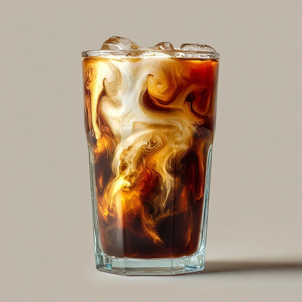 Close-up front view of cold brew nitro coffee with a creamy milk swirl in a glass.